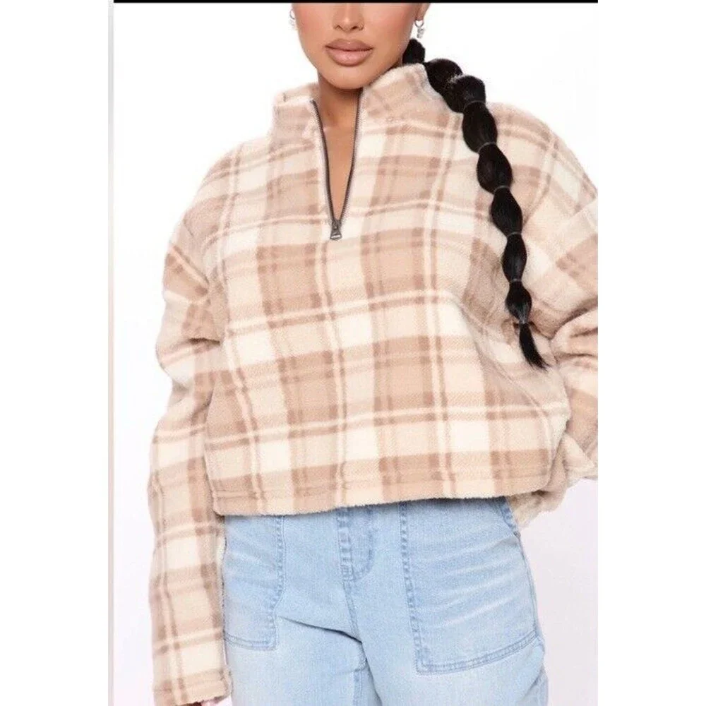 Fashion Nova Plaid Fleece Pullover Womens Cropped 1/2 Zip Teddy Sweater M